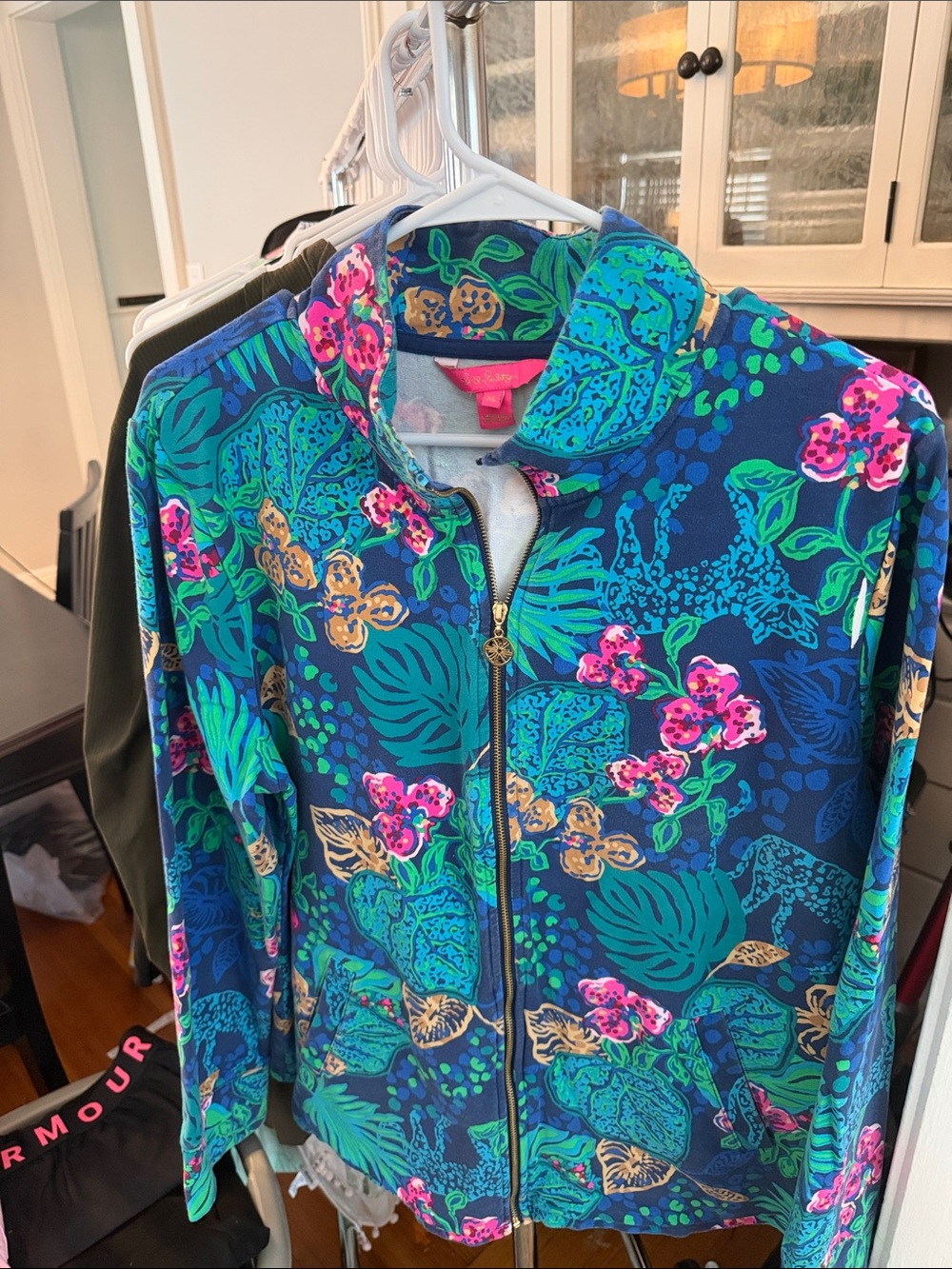 Lilly Pulitzer Navy Floral Zip-Up Jacket with Teal, Green & Pink Print